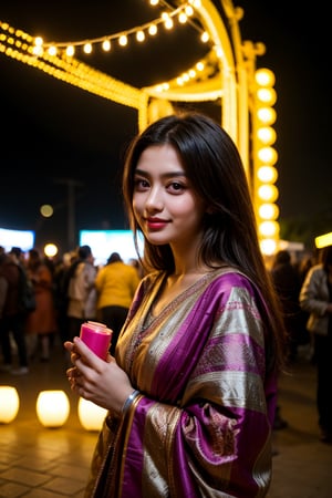  A beautiful girl attends a vibrant festival of lights in a foreign land. The colors, sounds, and scents overwhelm her senses. Describe her experience and how this festival helps her discover something new about herself.”