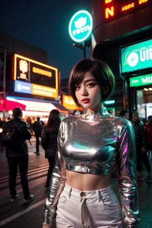  A girl with short, pixie-cut hair, dressed in a futuristic outfit, standing in a neon-lit cityscape at night. The city is bustling with flying cars and holographic advertisements. She has a confident and adventurous look on her face as she navigates through the vibrant, high-tech environment