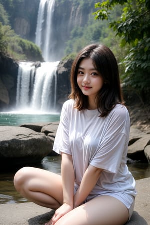 change pose, sitting near big water fall wearing loose t shirt in the morning