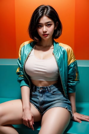 A cinematic masterpiece! Frame a stunning Korean beauty model, circa 18 years old, with an idol-like face, big eyes, and a radiant smile. Pose her looking directly at the viewer, wearing oversized rainbow jacket bomber M1, blue jeans shorts, and white sneakers. Background: splash of colors. Lighting: muted, dim, soothing tones (85% teal and orange). High resolution, ultra detailed, absurdly high quality illustration (absurdres) with high contrast. Subject's features: bustier than usual, with a pixie cut hair style in pink sleek shorts. The cinematic shot is set against a vibrant background, showcasing the model's beauty and charm.