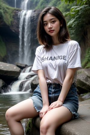 change pose, sitting near big milky  water fall wearing loose t shirt in the morning