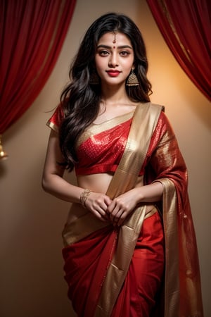 A stunning Indian woman adorned in a vibrant red saree with sequined borders, her long hair falling elegantly to one side as she wears a subtle smile. Her traditional earrings and small bindi accentuate her features against the dark, plain background, highlighting the saree's intricate design. The overall composition exudes cultural beauty, capturing a sense of elegance and refinement.