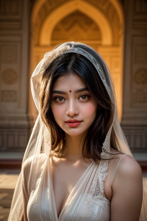 A delicate, lace-trimmed veil drapes elegantly across a serene face, as a soft golden light casts a warm glow on the intricate stone carvings of the Taj Mahal's marble surface. The subject's eyes seem to sparkle with a gentle intensity, set against the majestic monument's grandeur.