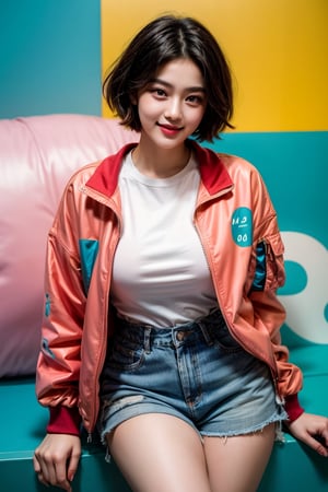 A cinematic masterpiece! In a vibrant teal-and-orange hued frame (0.85), a stunning Korean beauty model, Taeri, dominates the scene with her captivating 18-year-old charm. Her gorgeous face and striking eyes, oversized and big, radiate warmth as she smiles directly at the viewer. Her short, pink-sleek pixie-cut hair style complements her stylish ensemble: an oversized rainbow bomber jacket (M1), blue jeans shorts, and crisp white sneakers. The muted colors of the background (1.3) provide a soothing contrast to Taeri's bright attire, creating an absurdly high-quality illustration (absurdres) that pops with photorealistic detail.