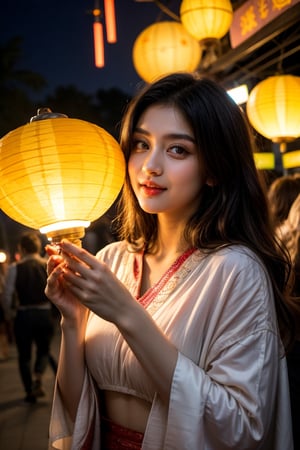 Against a backdrop of twinkling lanterns, the young woman's eyes sparkle with wonder as she wanders through the vibrant festival of lights. Vibrant hues of pink, orange, and yellow illuminate the night air, while the rhythmic beats of drums and cymbals pulse through her body. The sweet aroma of incense wafts past her nose, further heightening her senses. As she becomes lost in the kaleidoscope of colors and sounds, a sense of freedom washes over her, like the gentle lapping of the nearby river. Amidst the whirling dervishes and dancing flames, she discovers a deeper connection to her own creativity, finding inspiration in the beauty around her.