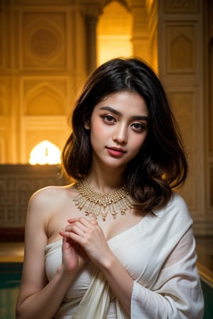 A delicate, golden-hued lotus flower blooms in a woman's hand, her gentle fingers wrapped around its slender stem. In the foreground, the intricate marble tiles and ornate arches of the Taj Mahal's facade are blurred, with only subtle hints of the monument's grandeur visible through the soft focus. The subject's serene face is bathed in warm, diffused light, as if illuminated by the Taj's own ethereal glow.