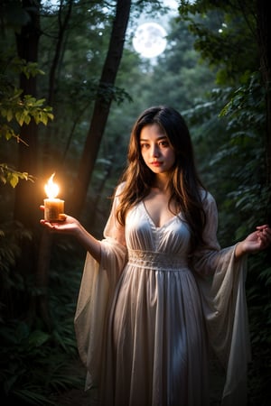  A beautiful young girl with long, flowing hair, standing in a serene, enchanted forest. She is wearing a flowing, ethereal dress that glows softly in the moonlight. The forest is filled with vibrant, bioluminescent plants and flowers, and the air is filled with tiny, glowing fireflies. The girl has a look of wonder and curiosity on her face as she explores this magical place. The scene is illuminated by the soft, silvery light of the full moon, casting gentle shadows and creating a mystical atmosphere