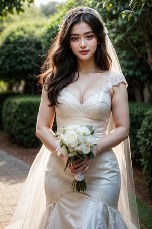  Enchanting bride standing gracefully in her exquisite wedding dress; adorned with intricate lace details and delicate embroidery. The dress flows elegantly to the ground, creating an ethereal silhouette. Her expression is one of serene joy and anticipation, with eyes softly glancing to the side. Her hair is styled in loose waves, adorned with small white flowers that match her bouquet. The scene is set in a lush garden during golden hour, with soft sunlight filtering through the trees, casting gentle shadows and creating a warm, romantic ambiance. The image is rendered in ultra high resolution (16k) with meticulous attention to detail, capturing every nuance from the delicate fabric textures to the realistic skin tones. This masterpiece showcases the bride's beauty and grace in a timeless moment.
