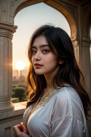 A majestic close-up captures a person's serene expression as they stand before the iconic Taj Mahal's marble mausoleum. The subject's eyes gaze softly into the distance, framed by the intricate carvings and ornate arches. Warm golden light from the setting sun casts a gentle glow on their face, while the surrounding architecture fades to subtle focus.