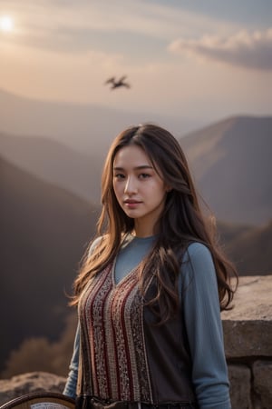   A girl with long, braided hair, wearing traditional fantasy armor, standing on a cliff overlooking a vast, mystical landscape. The sky is painted with the colors of dawn, and a majestic dragon is flying in the distance. She holds a sword and shield, ready for an epic adventure.”