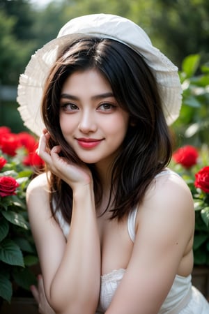  4k, best quality, masterpiece, 20yo 1girl, (traditional Cherokee Indian costume, alluring smile), (Beautiful and detailed eyes), Detailed face, detailed eyes, double eyelids, thin face, real hands, muscular fit body, semi visible abs, ((short hair with long locks:1.2)), black hair, rose garden, (happy smile), real person, color splash style photo, (from above:0.5)
