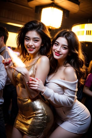 A sultry nightclub scene unfolds with two girls, dressed to impress, lost in the rhythm of the music. Dim purple hues and strobing lights dance across their faces as they move in perfect sync. The camera frames them from a low angle, emphasizing their freedom and joy. A haze of smoke and laughter fills the air as they twirl and spin, their smiles radiant under the flashing disco ball.