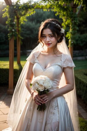 A stunning shot of the enchanting bride standing amidst lush garden surroundings during golden hour. Framed by a picturesque arbor, she wears an exquisite wedding dress with intricate lace details and delicate embroidery flowing elegantly to the ground. Her serene expression features softly glancing eyes, styled hair adorned with small white flowers matching her bouquet. The warm, romantic ambiance is enhanced by soft sunlight filtering through trees, casting gentle shadows. In ultra-high resolution (16k), every detail is meticulously captured: fabric textures, skin tones, and more. This masterpiece freezes the timeless moment of the bride's beauty and grace.