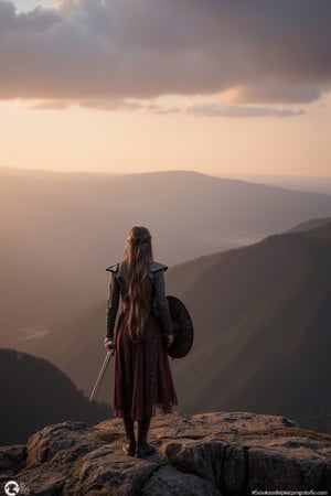   A girl with long, braided hair, wearing traditional fantasy armor, standing on a cliff overlooking a vast, mystical landscape. The sky is painted with the colors of dawn, and a majestic dragon is flying in the distance. She holds a sword and shield, ready for an epic adventure.”