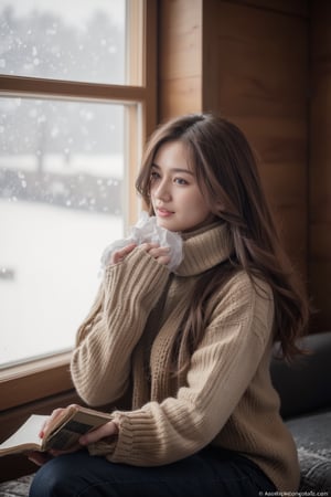 A girl with wavy hair, dressed in a cozy sweater and scarf, sitting by a window in a quaint, snow-covered cabin. She is sipping hot cocoa and reading a book, with a content smile on her face. Outside, snowflakes gently fall, creating a peaceful and serene winter scene.”