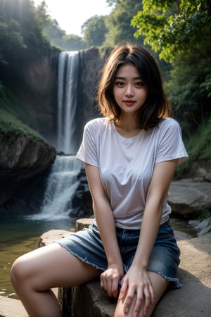 change pose, sitting near big milky  water fall wearing loose t shirt at golden hour at dust the sun ray coming from sky.