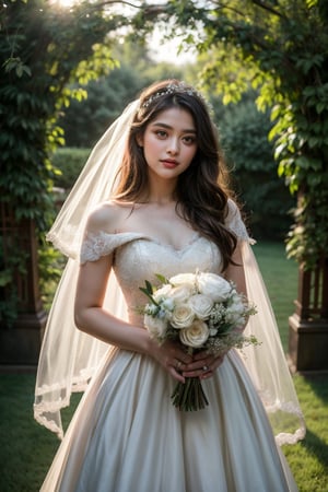 A stunning shot of the enchanting bride standing amidst lush garden surroundings during golden hour. Framed by a picturesque arbor, she wears an exquisite wedding dress with intricate lace details and delicate embroidery flowing elegantly to the ground. Her serene expression features softly glancing eyes, styled hair adorned with small white flowers matching her bouquet. The warm, romantic ambiance is enhanced by soft sunlight filtering through trees, casting gentle shadows. In ultra-high resolution (16k), every detail is meticulously captured: fabric textures, skin tones, and more. This masterpiece freezes the timeless moment of the bride's beauty and grace.