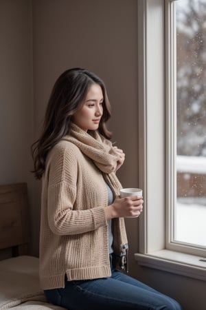 A girl with wavy hair, dressed in a cozy sweater and scarf, sitting by a window in a quaint, snow-covered cabin. She is sipping hot cocoa and reading a book, with a content smile on her face. Outside, snowflakes gently fall, creating a peaceful and serene winter scene.”