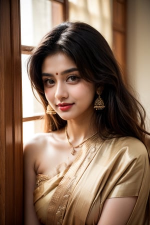 A close-up portrait of an exquisite Indian woman, her face aglow in warm golden light, wears a stunning traditional saree draped elegantly across her shoulders, the vibrant colors and delicate patterns intricately woven together. A soft, gentle smile plays on her lips as she gazes softly into the distance, amidst a serene background of creamy white walls, adorned with subtle textures and ornate wooden carvings.