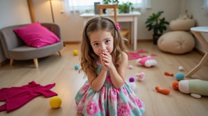 A quiet Afternoon at home. The 8-year-old tween Girl is surprised by Spontaneous Shot in her natural habitat. the camera captures a carefree moment. playfulness. surrounded by scattered plush toys and clothing scattered across the floor. She wears a very colourful and sexy dress and has natural eyes. Childlike charm.