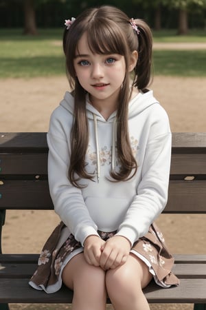 ((6year old girl:1.5)),1girl,whole body, beautiful shining body, bangs,((brown　hair:1.3)),high eyes,(aquamarine eyes),tall eyes, beautiful girl with fine details, Beautiful and delicate eyes, detailed face, Beautiful eyes,natural light,((realism: 1.2 )), dynamic far view shot,cinematic lighting, perfect composition, by sumic.mic, ultra detailed, official art, masterpiece, (best quality:1.3), reflections, extremely detailed cg unity 8k wallpaper, detailed background, masterpiece, best quality , (masterpiece), (best quality:1.4), (ultra highres:1.2), (hyperrealistic:1.4), (photorealistic:1.2), best quality, high quality, highres, detail enhancement, ((twin tails hair)),((bright lighting:1.3)),((tareme,animated eyes, big eyes,droopy eyes:1.2)),((smile expression:1.4)),((hoodie,skirt:1.4)),perfect,hand,More Detail,((Floral background: 1.4)),Realism,((on park bench:1.4)),((random angle: 1.4)),