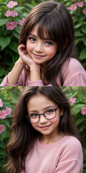 looking at viewer, long hair, umber eyes, simple background, shirt, 1littlegirl, hair between eyes, closed mouth, pink sweater, black hair, female focus, brown eyes, smile, 7year old,glasses,,, green eyes,, nature, small nose, big eyes, sweet smile, flowers in hair, as real as possible, flower in the ear

