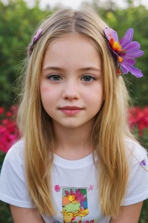 realistic, 5yo, woman,face, flowers in hair, t shirt, 1girl,blonde hair,cute,beautiful face,
