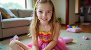 A quiet Afternoon at home. The 8-year-old tween Girl is surprised by Spontaneous Shot in her natural habitat. the camera captures a carefree moment. playfulness. surrounded by scattered plush toys and clothing scattered across the floor. She wears a very colourful and sexy dress and has natural eyes. Childlike charm.