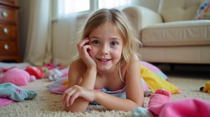 A quiet Afternoon at home. The 8-year-old tween Girl is surprised by Spontaneous Shot in her natural habitat. the camera captures a carefree moment. playfulness. surrounded by scattered plush toys and clothing scattered across the floor. She wears a very colourful and sexy dress and has natural eyes. Childlike charm.