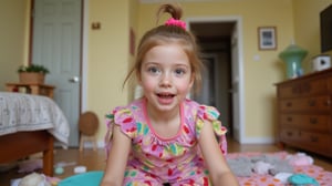 A quiet Afternoon at home. The 8-year-old tween Girl is surprised by Spontaneous Shot in her natural habitat. the camera captures a carefree moment. playfulness. surrounded by scattered plush toys and clothing scattered across the floor. She wears a very colourful and sexy dress and has natural eyes. Childlike charm.