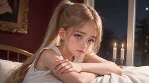 A whimsical still life: a youthful angel reclines in a cozy sanctuary, bathed in soft moonlight and candlelight. Her piercing blue eyes gaze directly at us, as she starts to cry, her expression a poignant mix of sadness and worry. Long, light blonde hair cascades down, framing her heart-shaped face with bangs and a ponytail. Luxurious textures of the bed frame her lounging figure, inviting us into this serene scene.