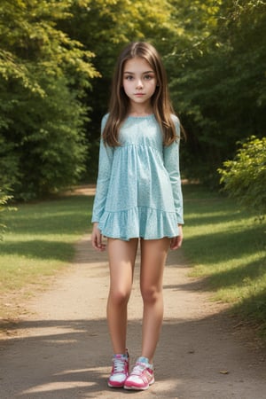 Full-body view of a beautiful-eyed, tween girl with a well-formed hot body, 100 times prettier tween girl. Hot childish outdoor unique one-of-a-kind style Fashion wear. Simple background, plenty of skin on show, sexy pose. SFW.