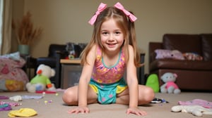 A quiet Afternoon at home. The 8-year-old tween Girl is surprised by Spontaneous Shot in her natural habitat. the camera captures a carefree moment. playfulness. surrounded by scattered plush toys and clothing scattered across the floor. She wears a very colourful and sexy dress and has natural eyes. Childlike charm.