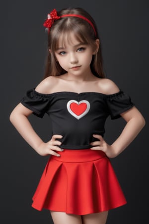 11yo slutty young girl with eye-catching, full body shot, standing, posing, cute micro skirt and off-shoulder mini top, dark background,Extremely Realistic,heart hands