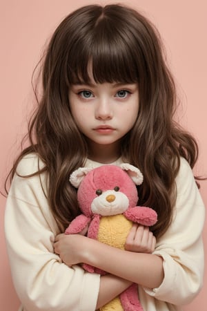 tween girl, masterpiece, looking scared, holding tightly to a cuddly toy, long hair with bangs.