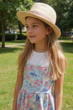 Portrait of a Pretty young girl (Half body), 11 years old, slim, cute face, tween, thin, long blond_hair, wearing cute little colorful dress, shy smile, closed eyes, chin up, head up, style hat, some freckles on the face, side view, from below, sunny day, at the park, deep background, Extremely Realistic, scenery