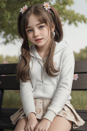 ((6year old girl:1.5)),1girl,whole body, beautiful shining body, bangs,((brown　hair:1.3)),high eyes,(aquamarine eyes),tall eyes, beautiful girl with fine details, Beautiful and delicate eyes, detailed face, Beautiful eyes,natural light,((realism: 1.2 )), dynamic far view shot,cinematic lighting, perfect composition, by sumic.mic, ultra detailed, official art, masterpiece, (best quality:1.3), reflections, extremely detailed cg unity 8k wallpaper, detailed background, masterpiece, best quality , (masterpiece), (best quality:1.4), (ultra highres:1.2), (hyperrealistic:1.4), (photorealistic:1.2), best quality, high quality, highres, detail enhancement, ((twin tails hair)),((bright lighting:1.3)),((tareme,animated eyes, big eyes,droopy eyes:1.2)),((smile expression:1.4)),((hoodie,skirt:1.4)),perfect,hand,More Detail,((Floral background: 1.4)),Realism,((on park bench:1.4)),((random angle: 1.4)),