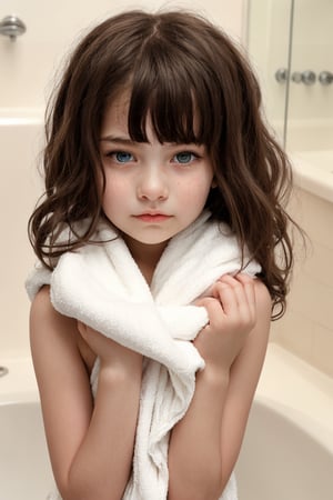 tween girl, masterpiece, Just got out of the bath looking shy, holding on very tightly to her Towel to cover herself, Her hair and skin are still wet, long hair with bangs.