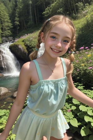 A delicate, freckled-skinned tween girl, 10 yo, bursting with youthful energy, frolics in a lush, emerald-green Austrian alpine garden, surrounded by vibrant wildflowers and the gentle mist of a cascading waterfall. Her bright, cerulean-blue eyes sparkle with joy as she twirls, her golden-blonde pigtails bouncing with each carefree movement. Soft sunlight casts a warm glow on her rosy cheeks, accentuating the beauty of her beaming smile.