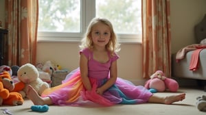 A quiet Afternoon at home. The 8-year-old tween Girl is surprised by Spontaneous Shot in her natural habitat. the camera captures a carefree moment. playfulness. surrounded by scattered plush toys and clothing scattered across the floor. She wears a very colourful and sexy dress and has natural eyes. Childlike charm.