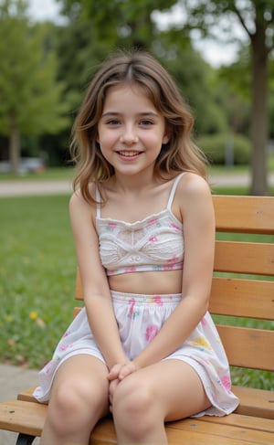 "Chloe, a 12-year-old with a petite and adorable frame, sitting joyfully at the bench. Seated with her legs spread out, her playful dress  has shifted, revealing a hint of her cute underwear. Chloe’s lively and enthusiastic nature adds to the fun atmosphere."