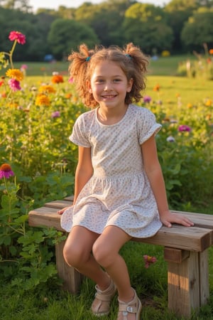 A whimsical portrait of a random, beautiful 7-year-old girl sitting on a rustic wooden bench amidst a lush meadow, surrounded by vibrant wildflowers and tall grasses. The warm sunlight casts a gentle glow on her smiling face, with her curly brown hair tied in pigtails and her bright blue eyes sparkling with innocence.