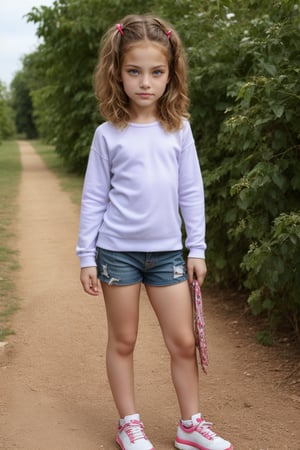 Full-body view of a beautiful eyed, tween girl with a well-formed hot body, 100 times prettier tween girl. Hot childish outdoor unique one-of-a-kind style Fashion wear. Simple background, plenty of skin on show, sexy pose. SFW.