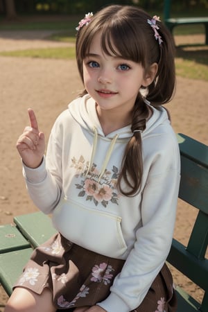 ((6year old girl:1.5)),1girl,whole body, beautiful shining body, bangs,((brown　hair:1.3)),high eyes,(aquamarine eyes),tall eyes, beautiful girl with fine details, Beautiful and delicate eyes, detailed face, Beautiful eyes,natural light,((realism: 1.2 )), dynamic far view shot,cinematic lighting, perfect composition, by sumic.mic, ultra detailed, official art, masterpiece, (best quality:1.3), reflections, extremely detailed cg unity 8k wallpaper, detailed background, masterpiece, best quality , (masterpiece), (best quality:1.4), (ultra highres:1.2), (hyperrealistic:1.4), (photorealistic:1.2), best quality, high quality, highres, detail enhancement, ((twin tails hair)),((bright lighting:1.3)),((tareme,animated eyes, big eyes,droopy eyes:1.2)),((smile expression:1.4)),((hoodie,skirt:1.4)),perfect,hand,More Detail,((Floral background: 1.4)),Realism,((on park bench:1.4)),((random angle: 1.4)),