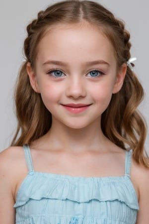 (8k, masterpiece, best quality, high res), little girl, long hair, ((hair pulled back hairstyles)), pale blue eyes, , brown hair with blue steaks,  smile,(closed mouth:1.2) , delicate eyes, delicate face, hair accessories,focus, portrait, 7-year-old-tween