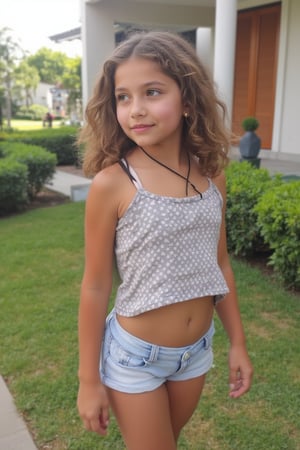 Full-body view of a beautiful-eyed, tween girl with a well-formed hot body, 100 times prettier tween girl. Hot childish outdoor unique one-of-a-kind style Fashion wear. Simple background, plenty of skin on show, sexy pose. SFW.