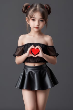 11yo slutty young girl with eye-catching, full body shot, standing, posing, cute micro skirt and off-shoulder mini top, dark background,Extremely Realistic,heart hands