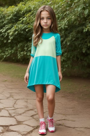 Full-body view of an aqua-eyed tween girl with a well-formed hot body, 100 times prettier tween girl. Hot childish outdoor unique one-of-a-kind style Fashion wear. Simple background, plenty of skin on show, sexy pose. SFW.