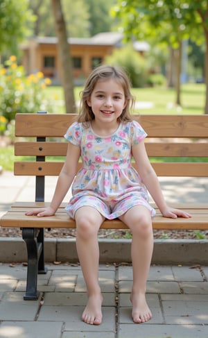 "Chloe, a 12-year-old with a petite and adorable frame, sitting joyfully at the bench. Seated with her legs spread out, her playful dress  has shifted, revealing a hint of her cute underwear. Chloe’s lively and enthusiastic nature adds to the fun atmosphere."