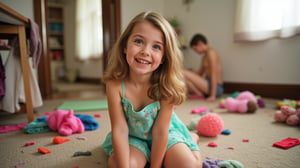 A quiet Afternoon at home. The 8-year-old tween Girl is surprised by Spontaneous Shot in her natural habitat. the camera captures a carefree moment. playfulness. surrounded by scattered plush toys and clothing scattered across the floor. She wears a very colourful and sexy dress and has natural eyes. Childlike charm.